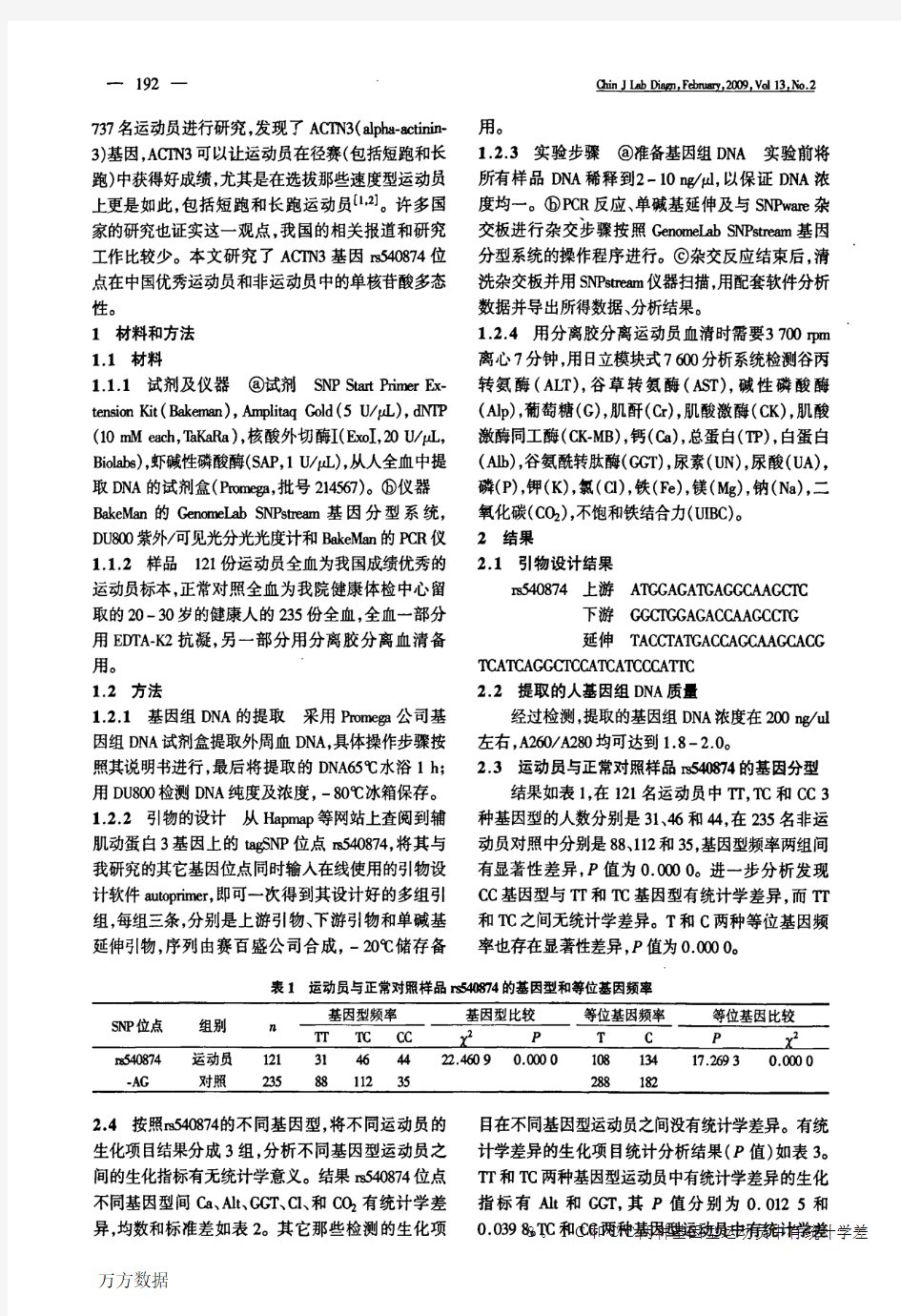 ACTN3基因单核苷酸多态性与运动能力的关系及与生化指标的关系