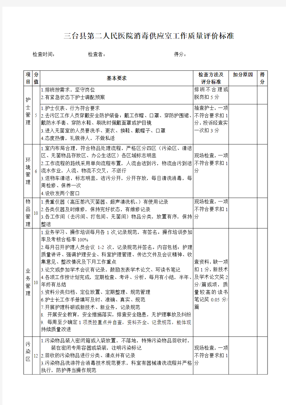 二级医院供应室工作质量标准