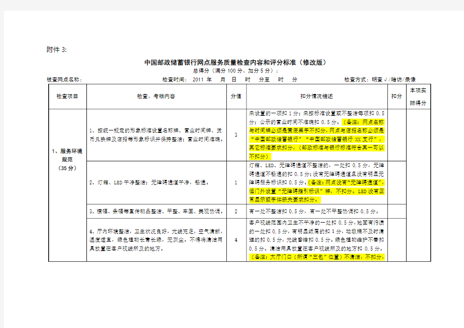 中国邮政储蓄银行网点服务质量检查内容和评分标准(修改说明版)