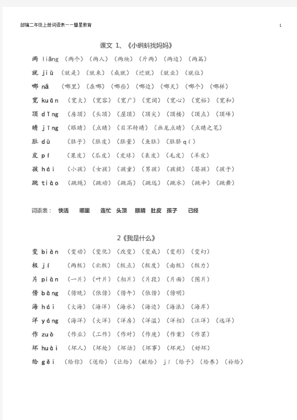 2018部编人教版二年级上册语文词语表带拼音