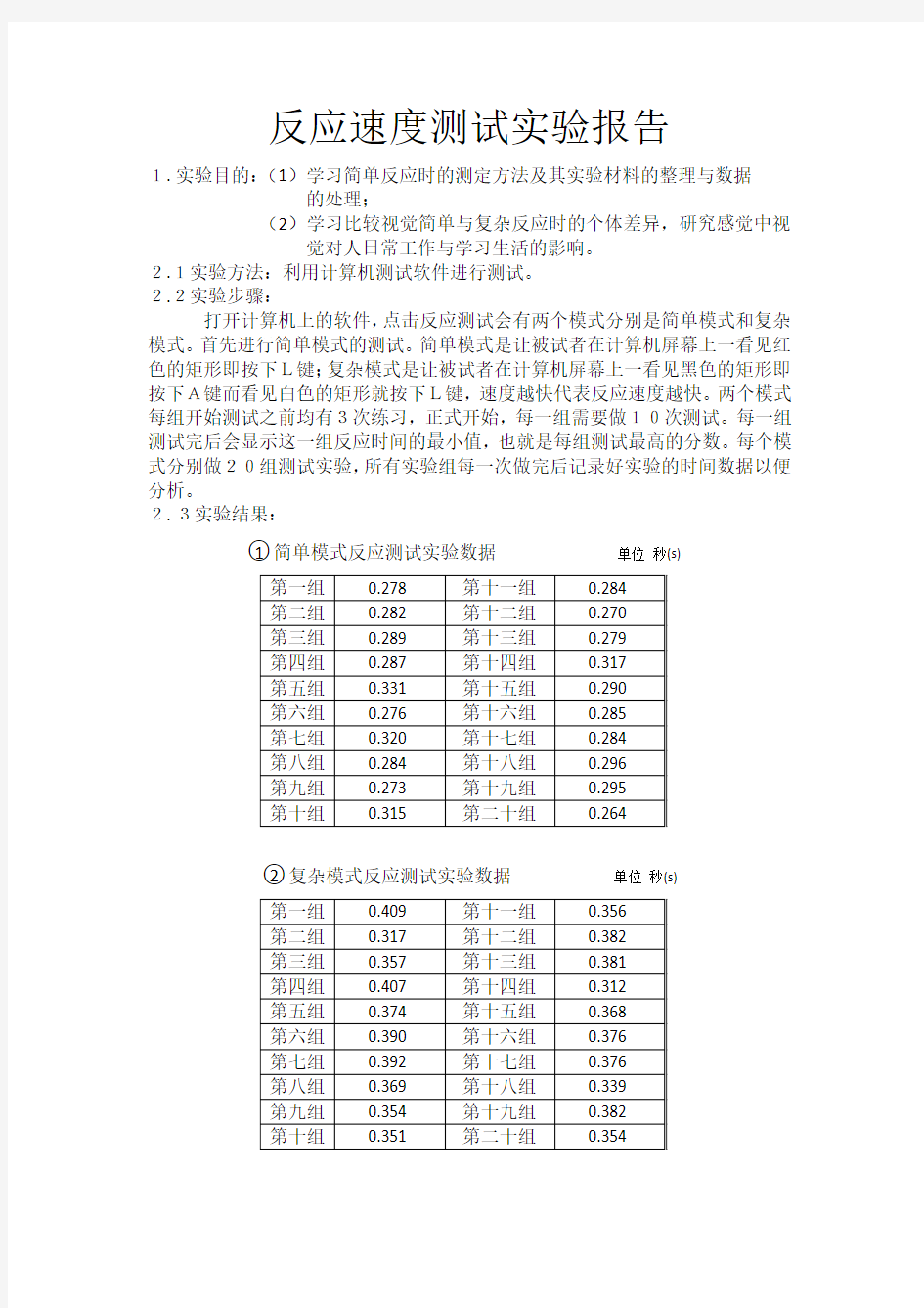 反应速度测试实验报告