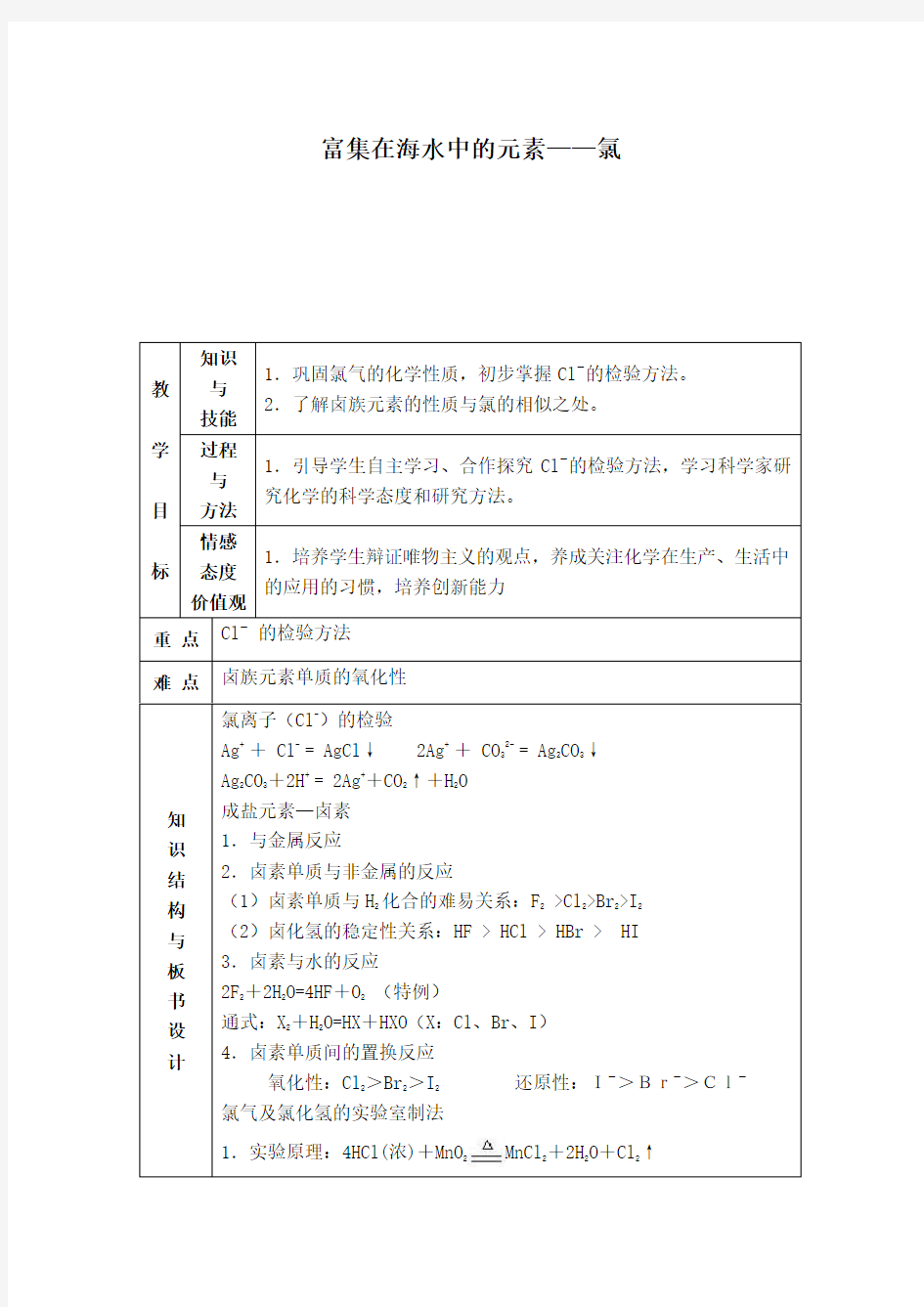 富集在海水中的元素——氯_教案