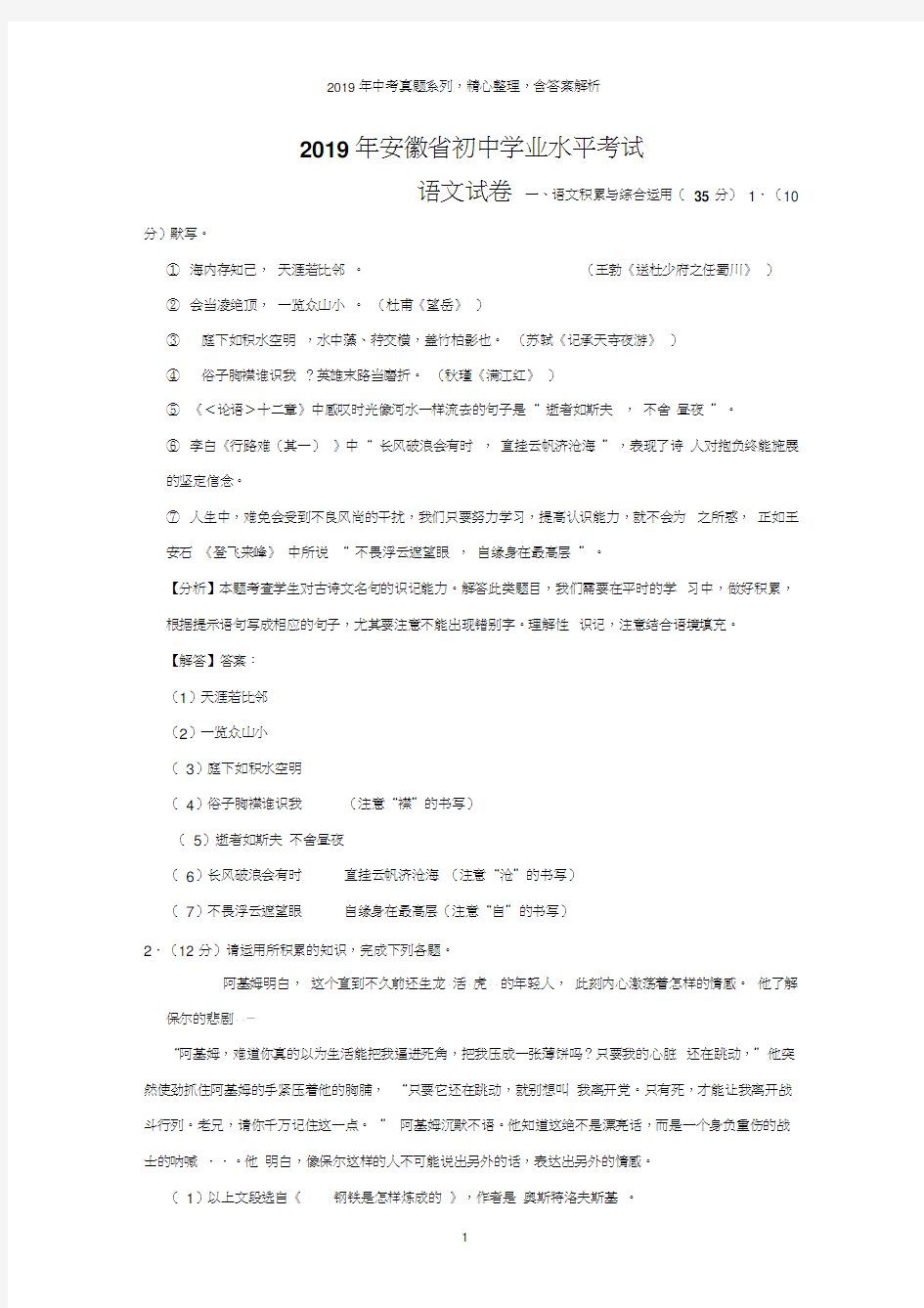 【2019年中考真题系列】2019年安徽省中考语文真题试卷含答案(解析版)