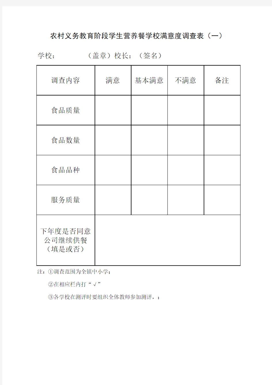 农村义务教育阶段学生营养餐学校满意度调查表