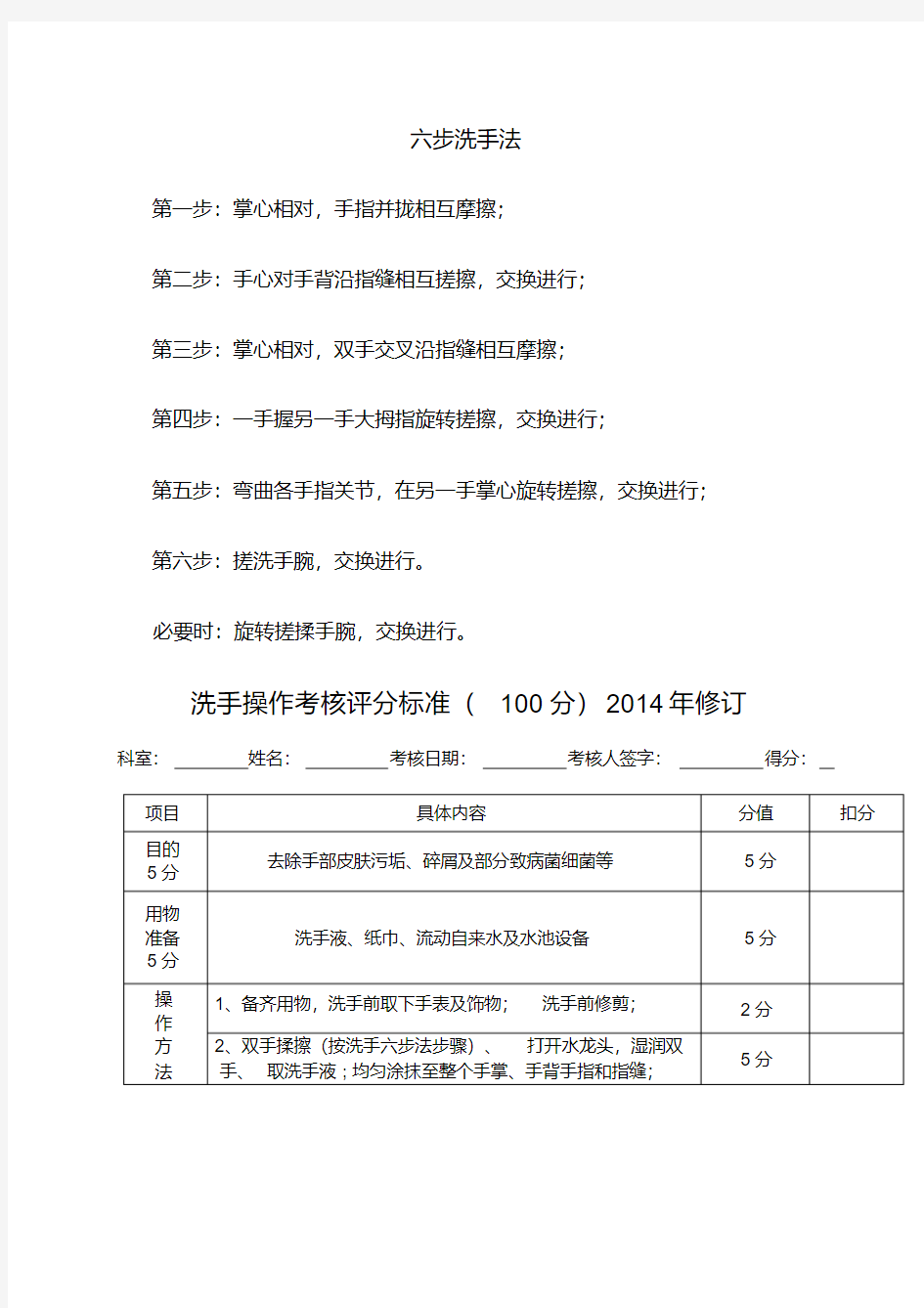 六步洗手法步骤及考核标准