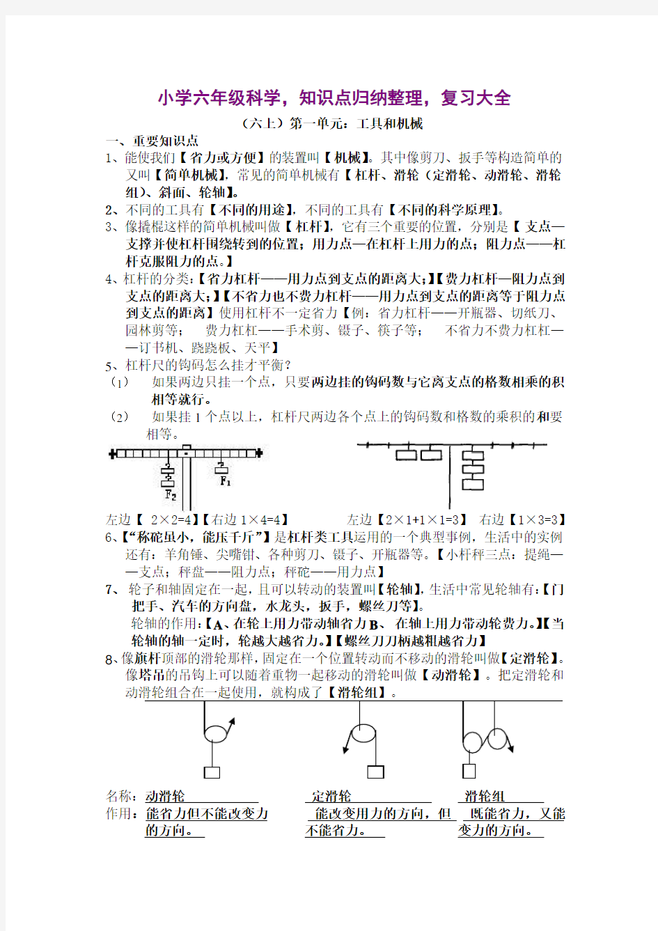 小学六年级科学,知识点归纳整理,复习大全