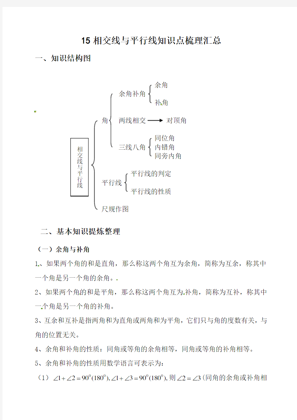 相交线与平行线全章知识点归纳及典型题目练习(含答案)