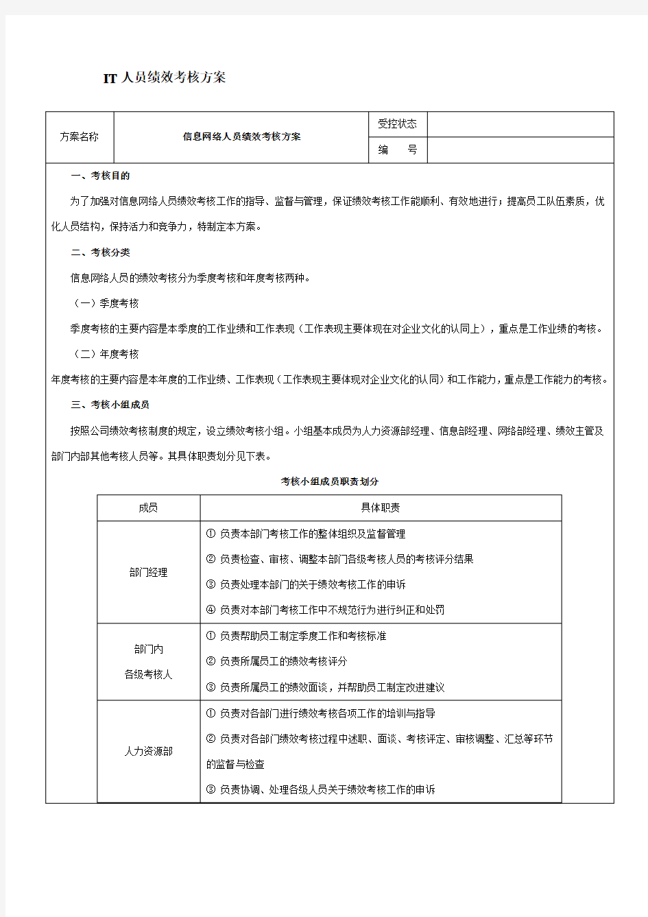 IT人员绩效考核方案