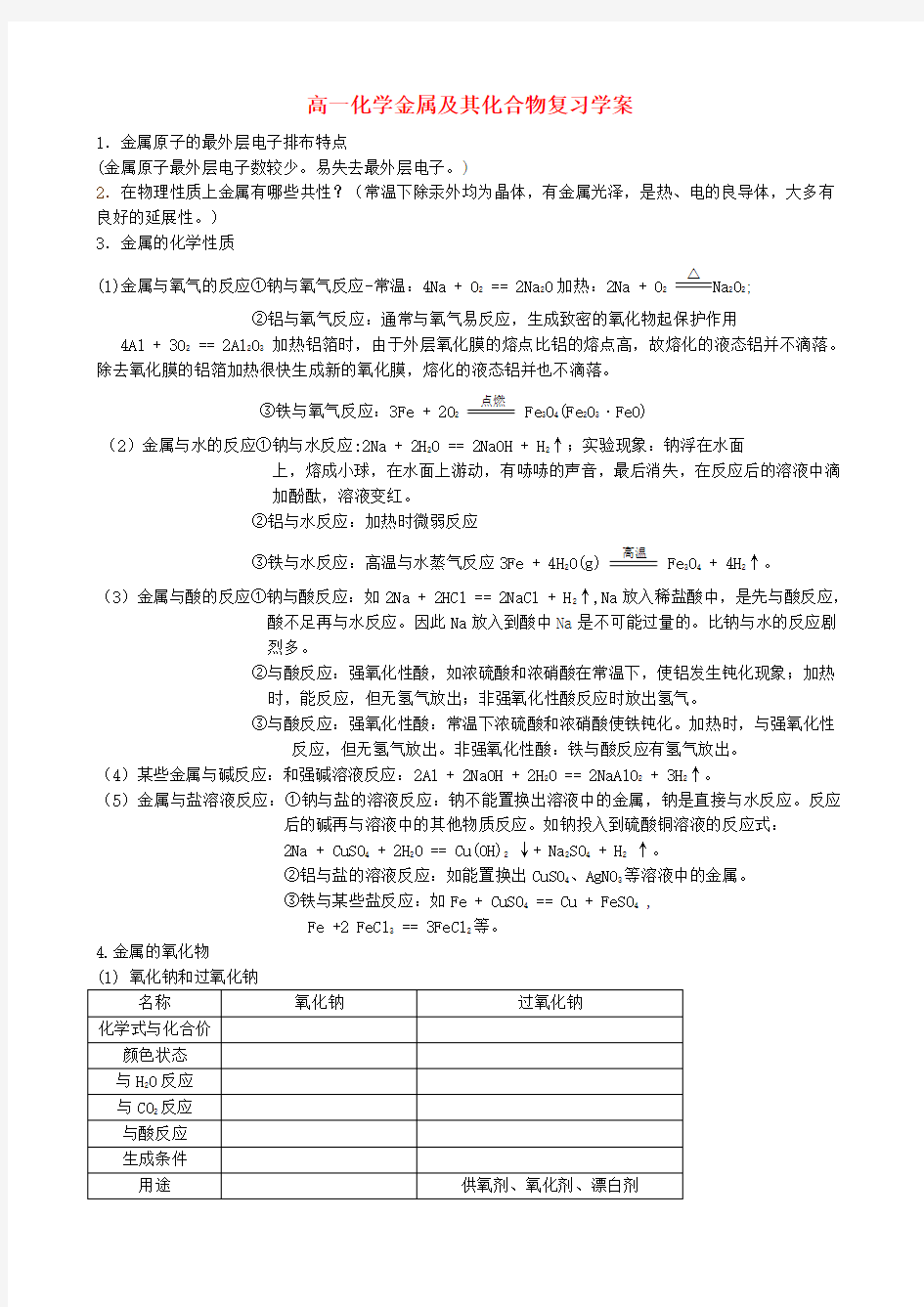 高一化学金属及其化合物复习学案 