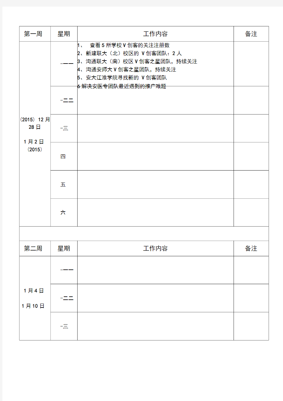 周工作日志表格