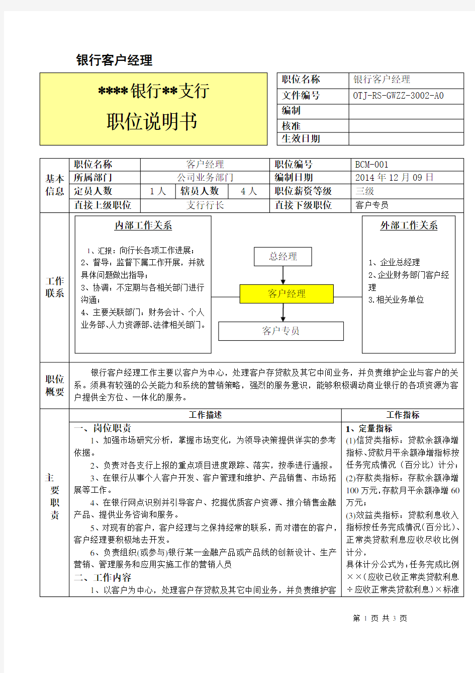 银行客户经理岗位说明书