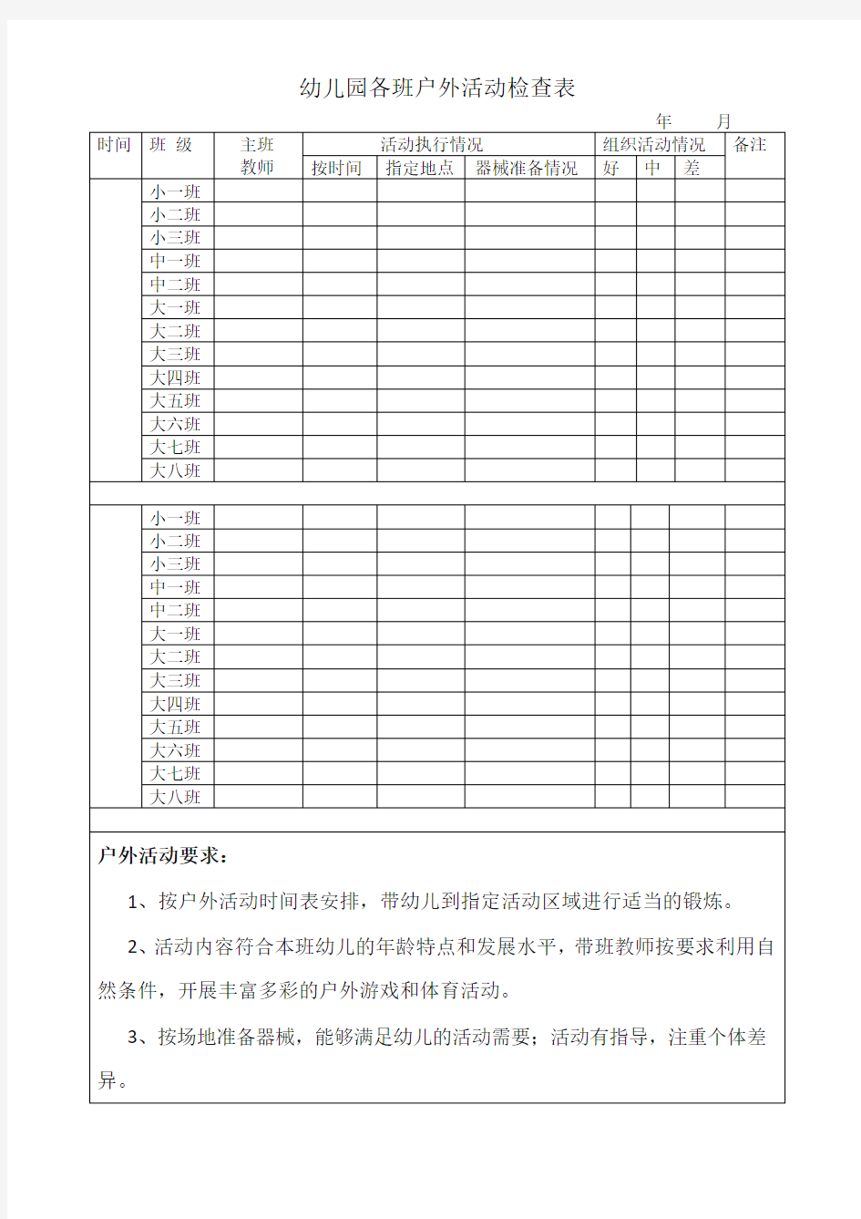 户外活动检查表