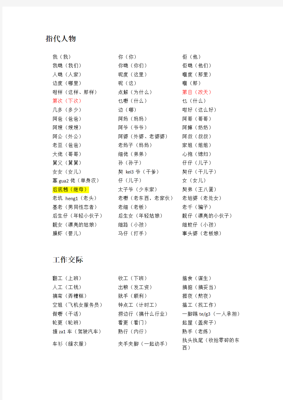 粤语方言词汇list