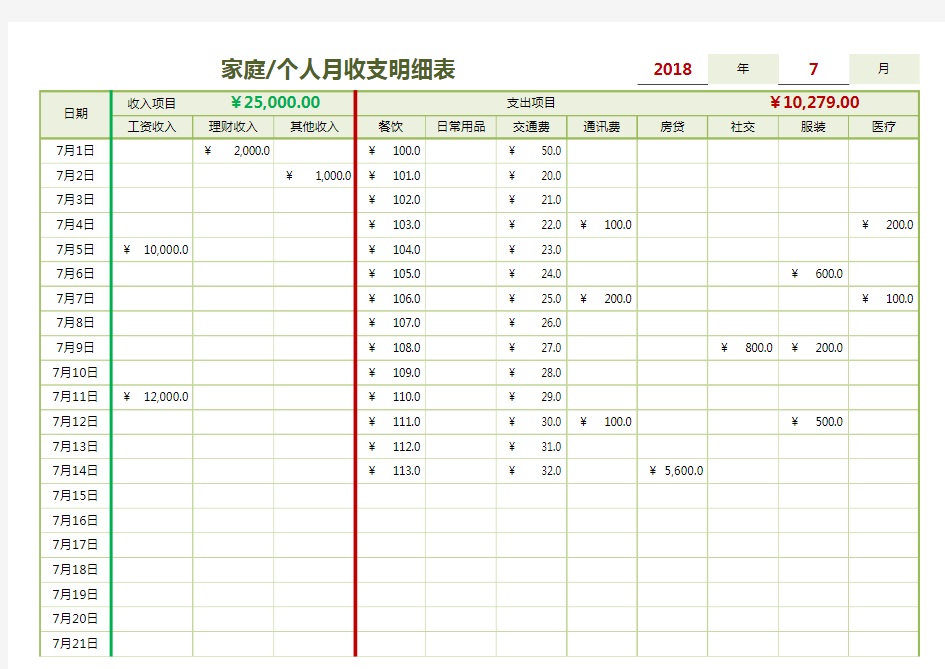 家庭收支明细表(自动计算,清晰)