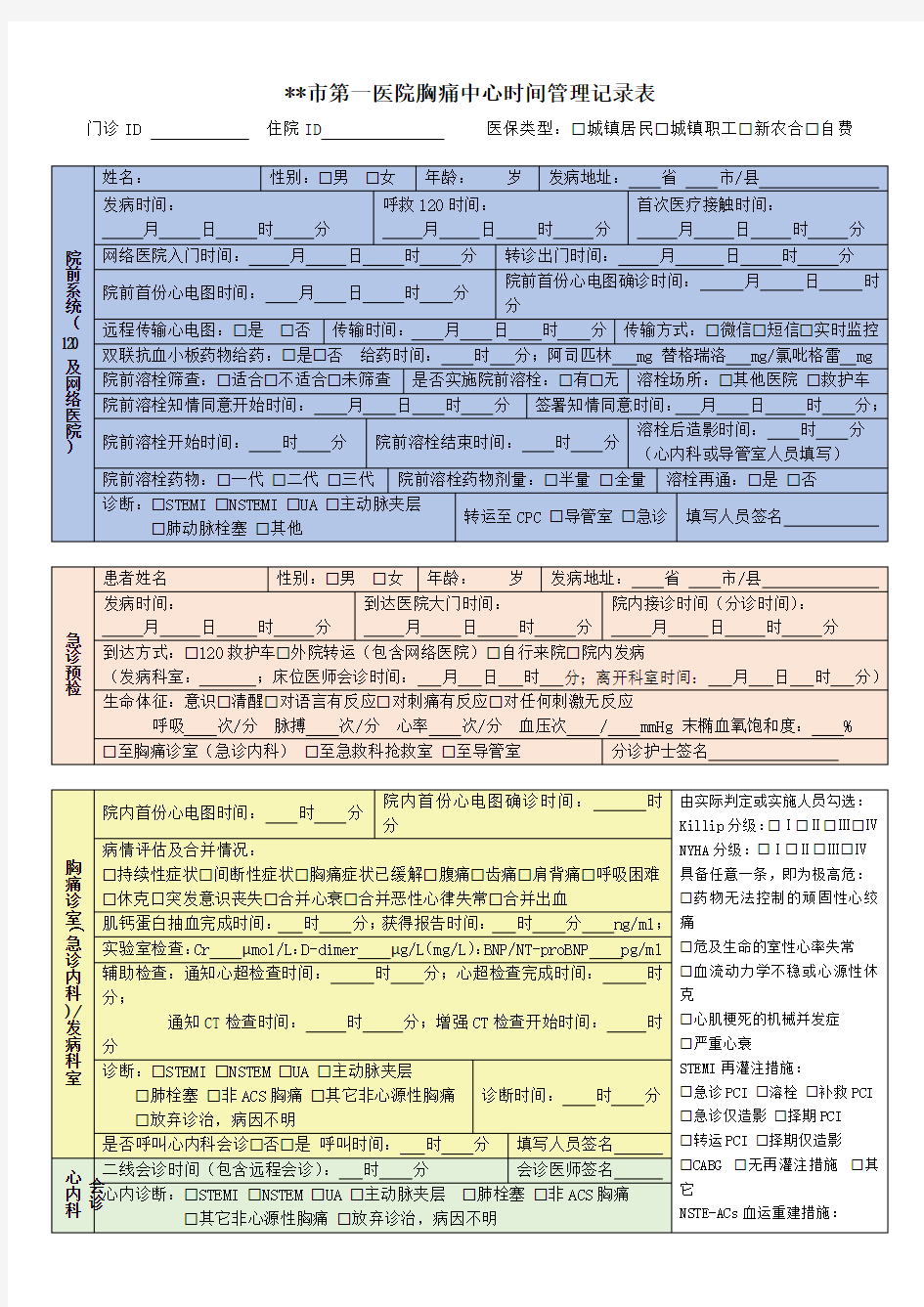 胸痛中心时间管理记录表