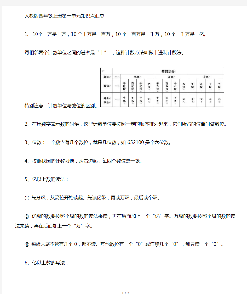 人教版四年级数学上册期中知识点