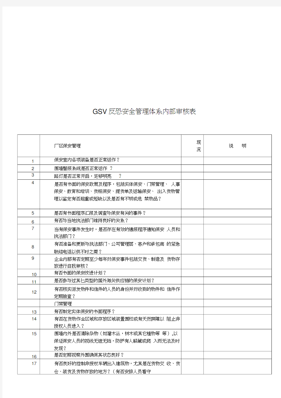 最新GSV反恐安全管理体系内部审核表资料