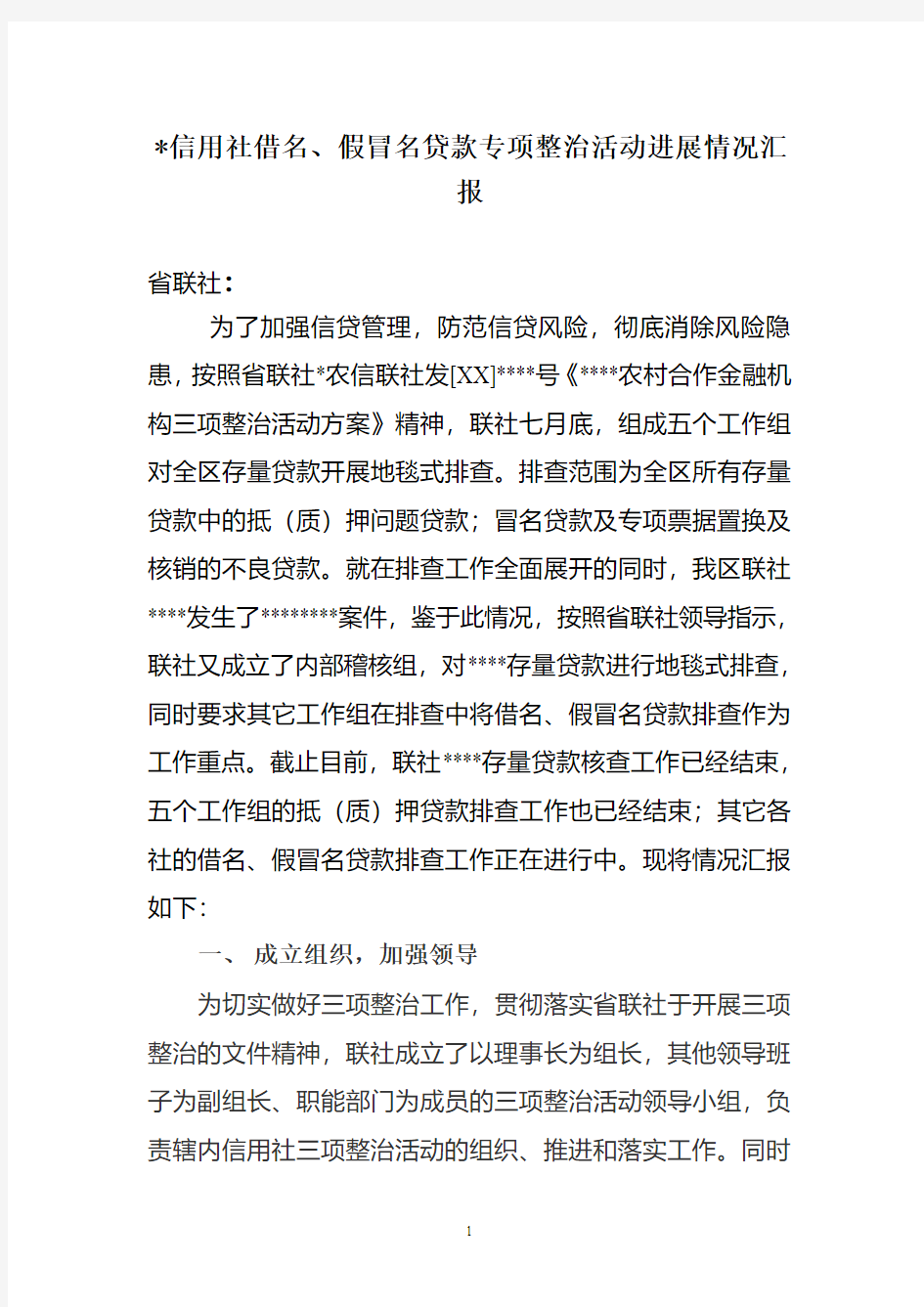 信用社借名、假冒名贷款专项整治活动进展情况汇报