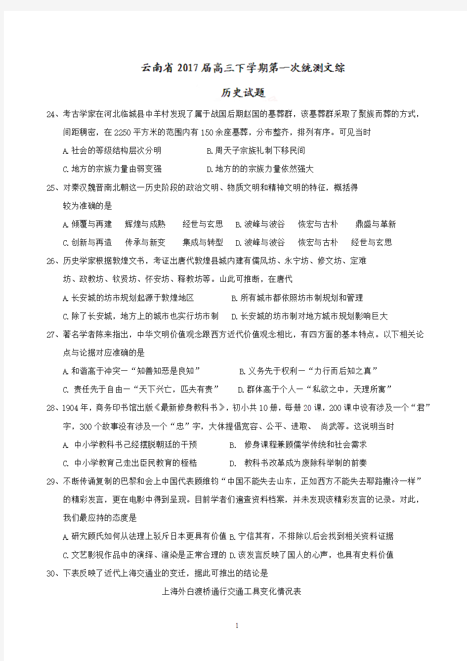 云南省2017届高三下学期第一次统测文综-历史试题