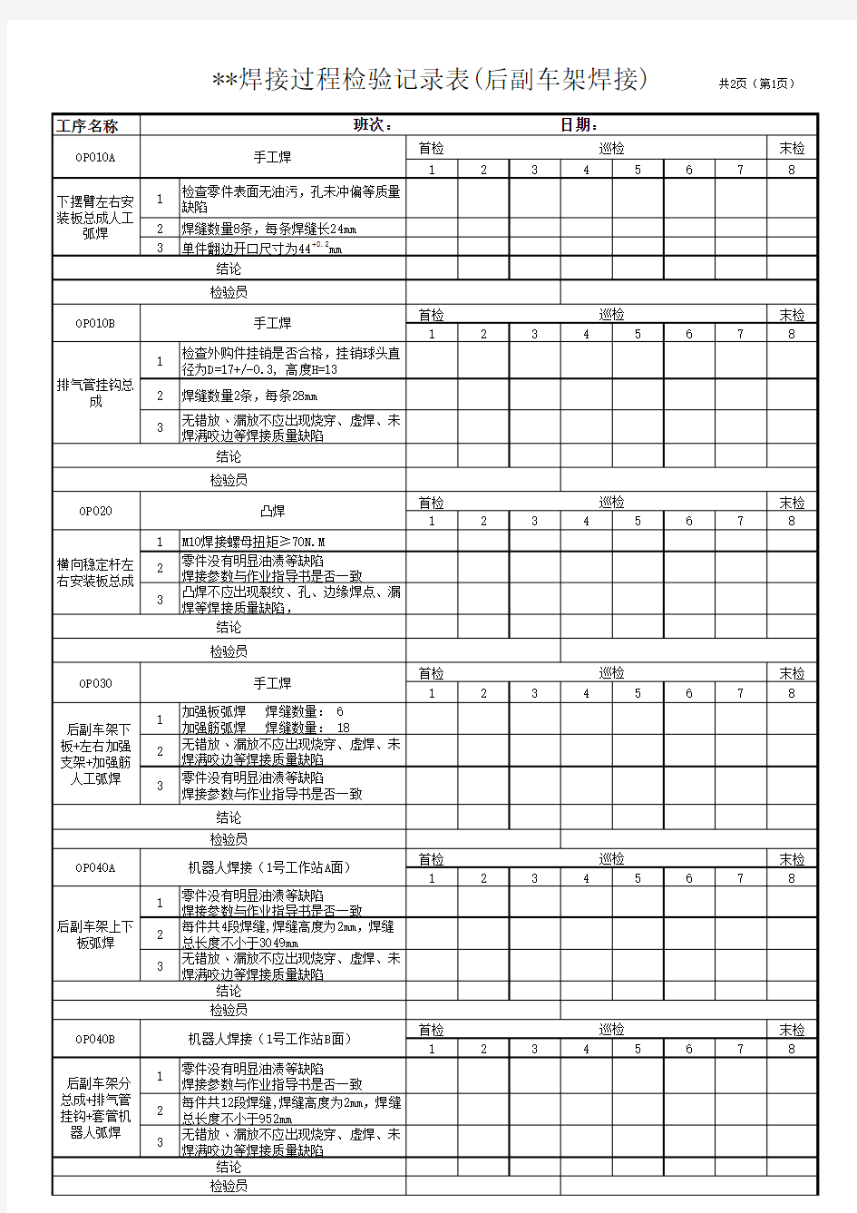 生产过程检验记录表