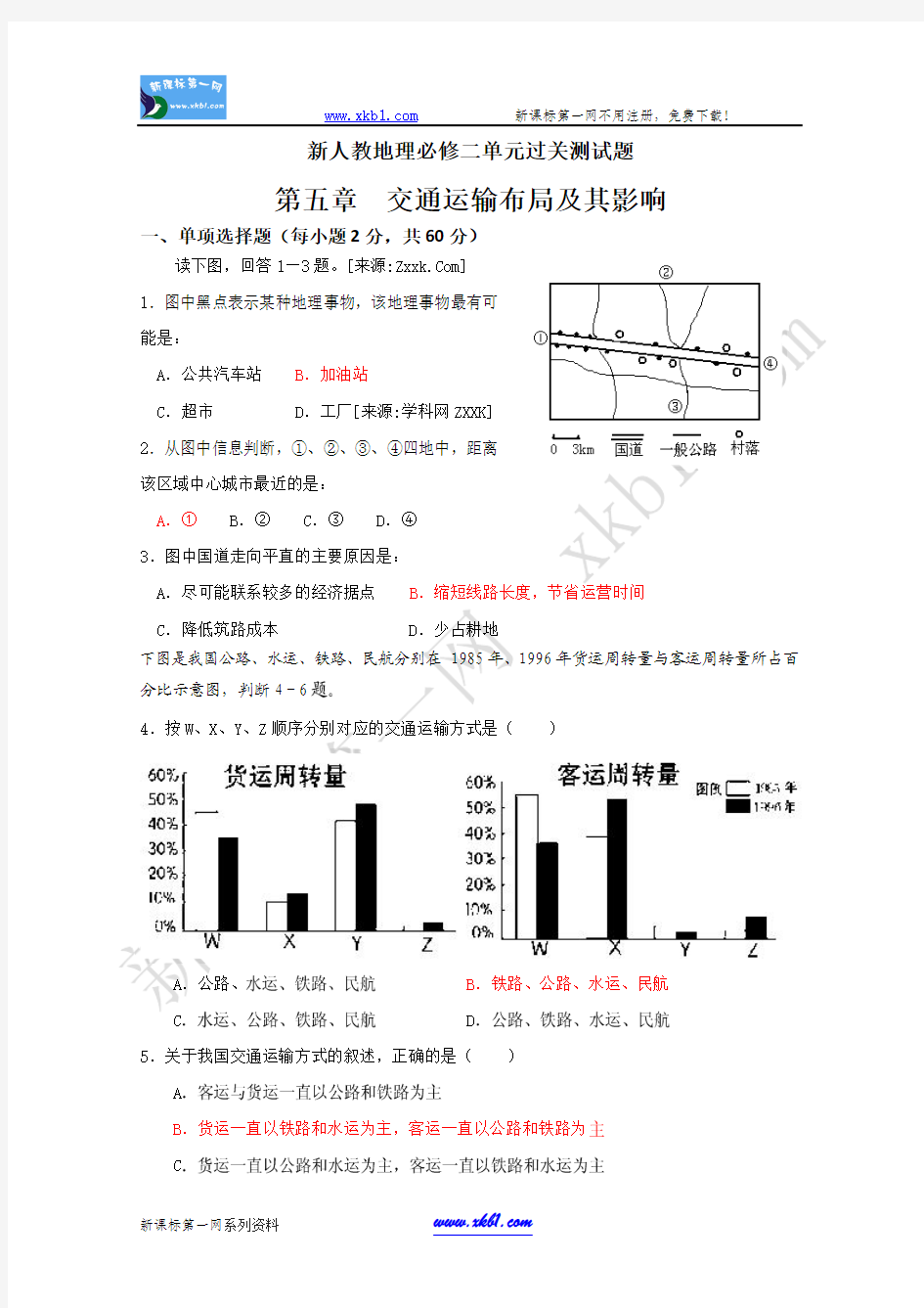 天津市2012届高三单元测试题：《交通运输布局及其影响》新人教版必修2