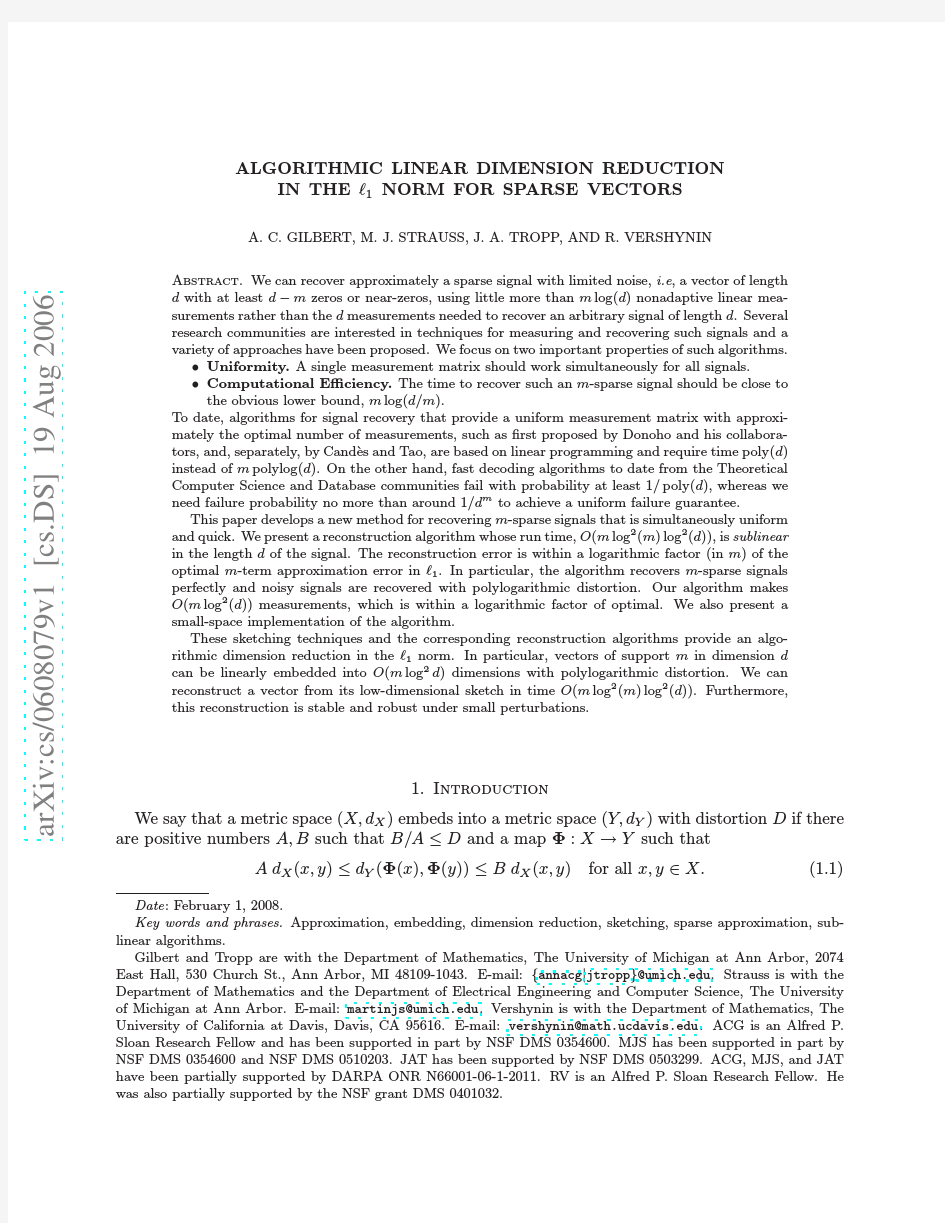 Algorithmic linear dimension reduction in the l_1 norm for sparse vectors