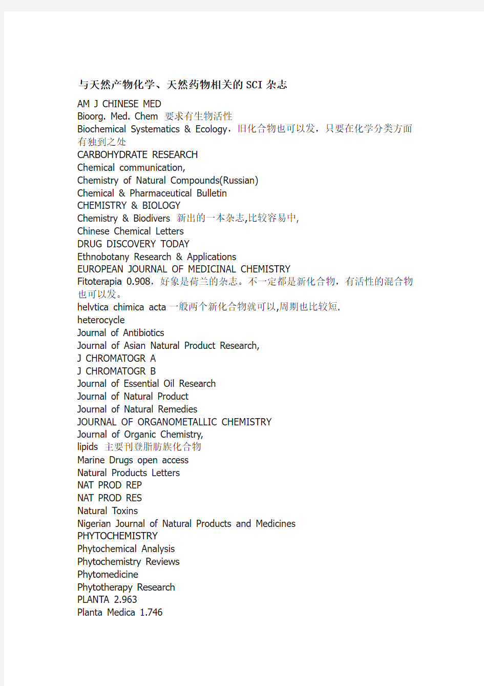 与天然产物化学、天然药物相关的SCI杂志