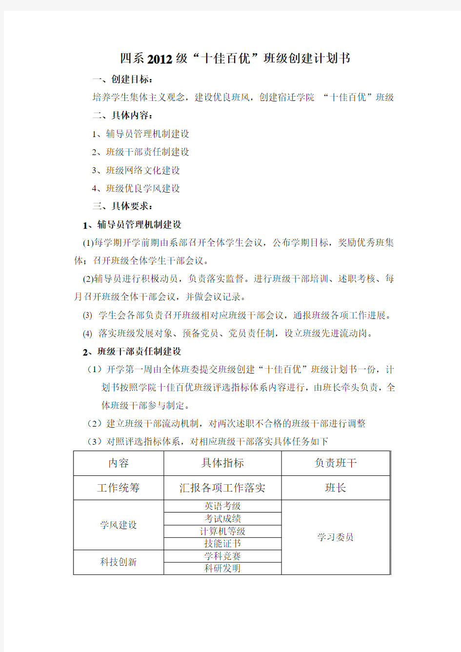 四系十佳百优班级计划