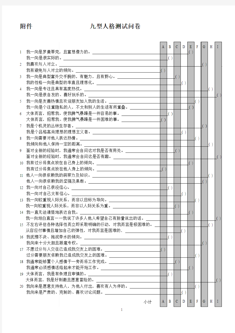 九型人格指标测试问卷