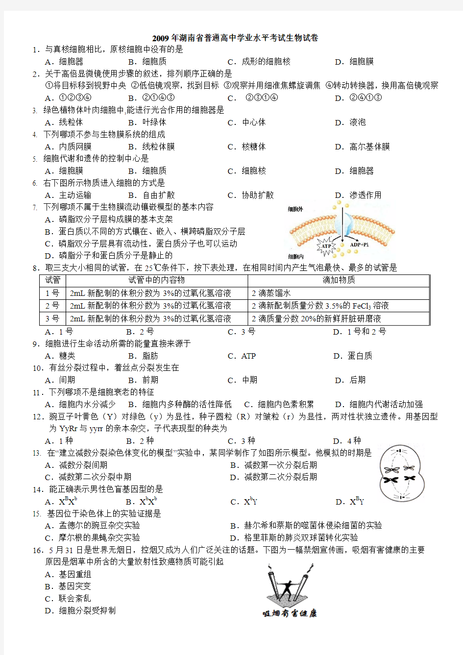 2009-2014年湖南省普通高中生物学业水平考试真题汇编(整理版)