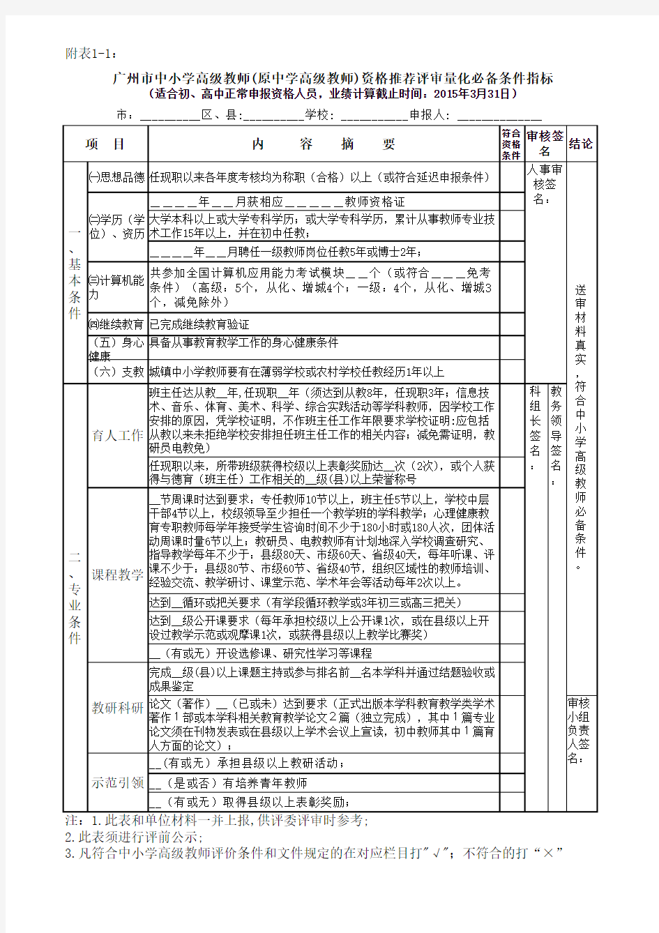 广州市中小学高级教师资格推荐评审量化评价条件指标  (初、高中20150317)
