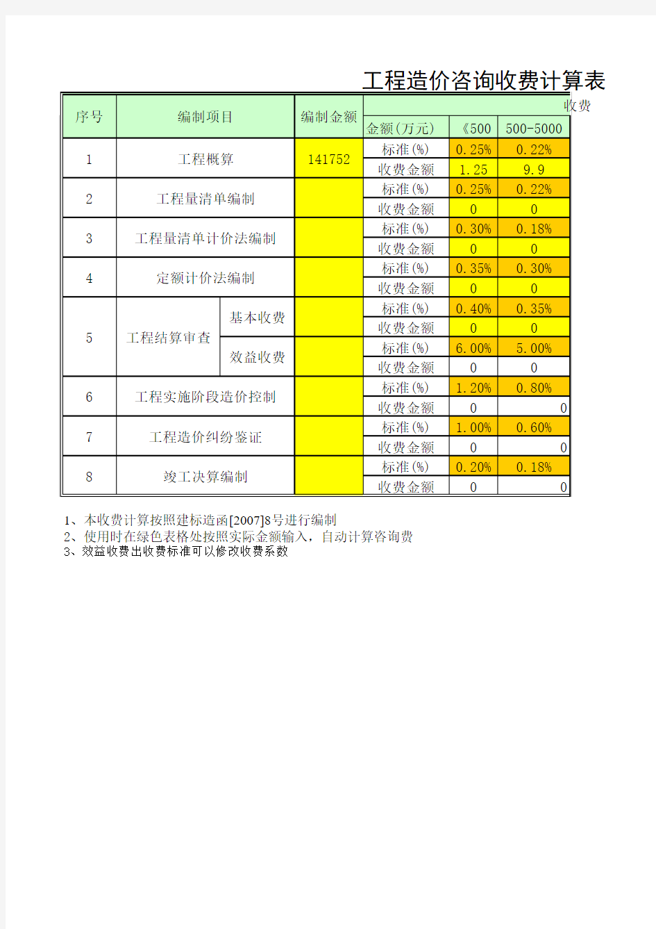 工程咨询收费计算表