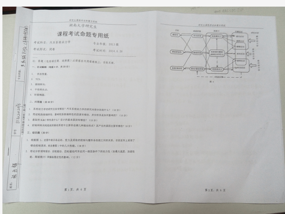 湖南大学2013年汽车系统动力学研究生考试试卷和答案