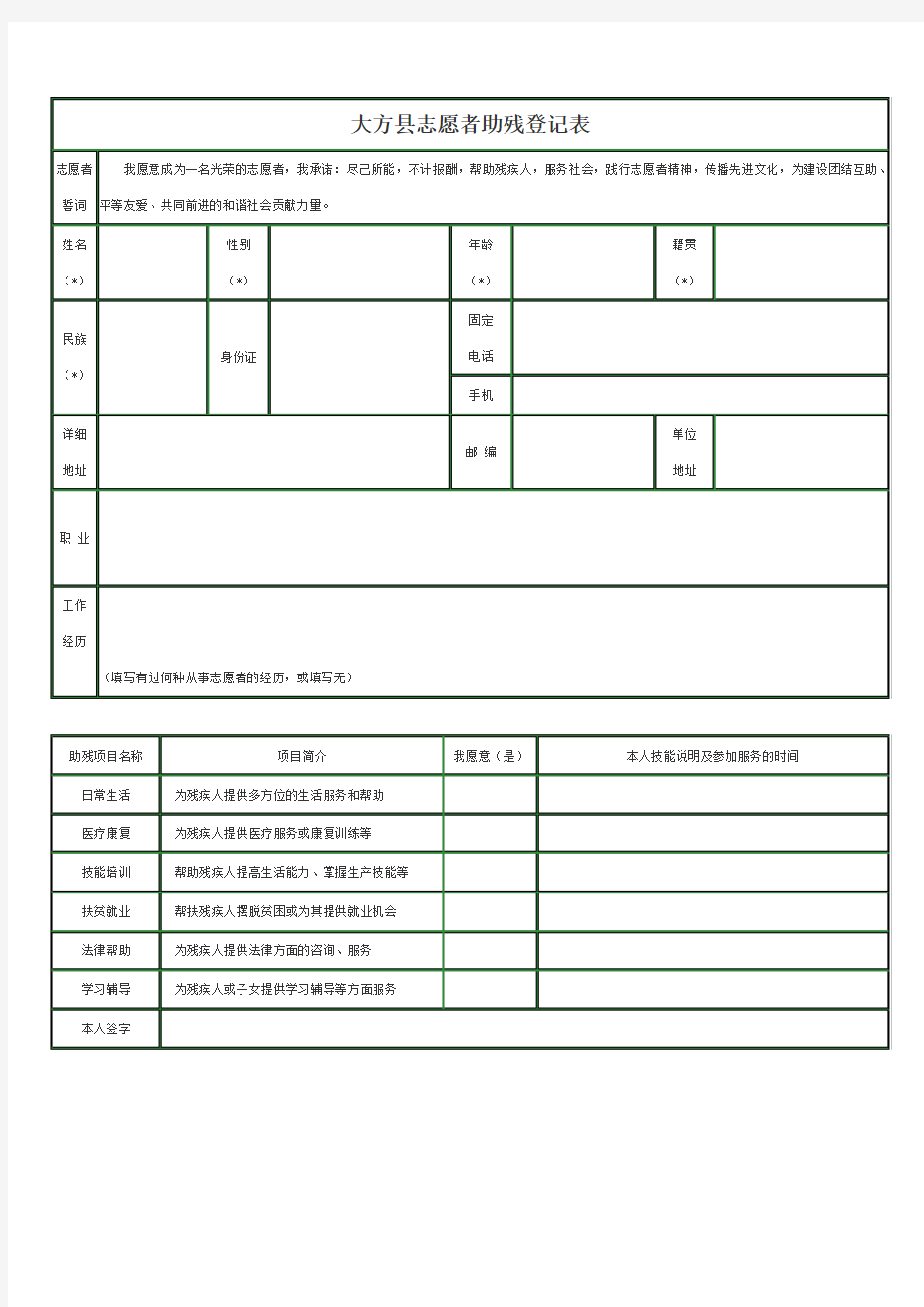 残疾人助残登记表