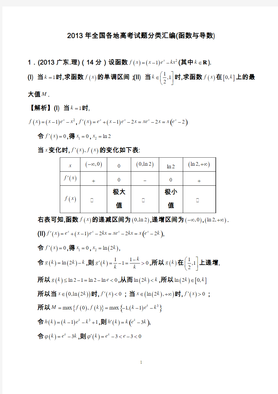 2013年全国各地高考试题分类汇编(函数与导数)