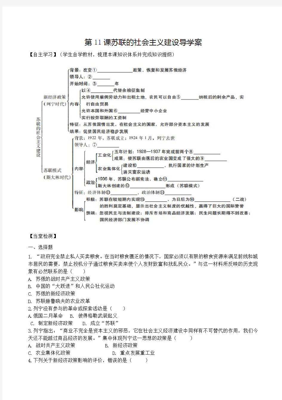 九年级历史下册 第11课苏联的社会主义建设学案(含答案)