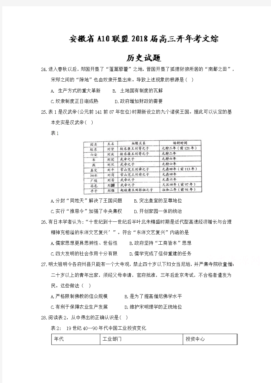 安徽省A10联盟2018届高三开年考文综历史试题 含答案