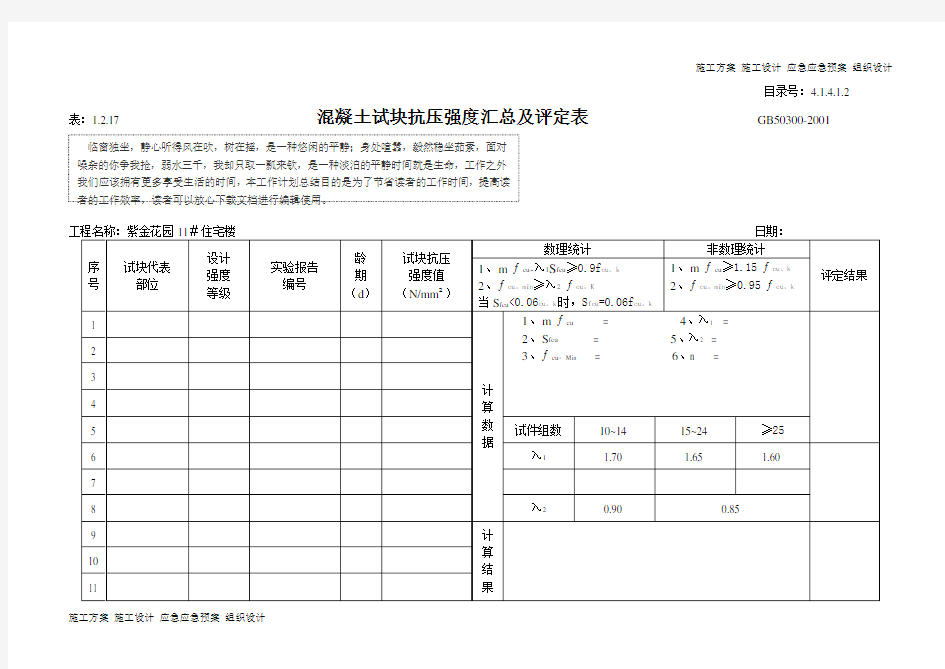 1.2   混凝土试块抗压强度汇总及评定表