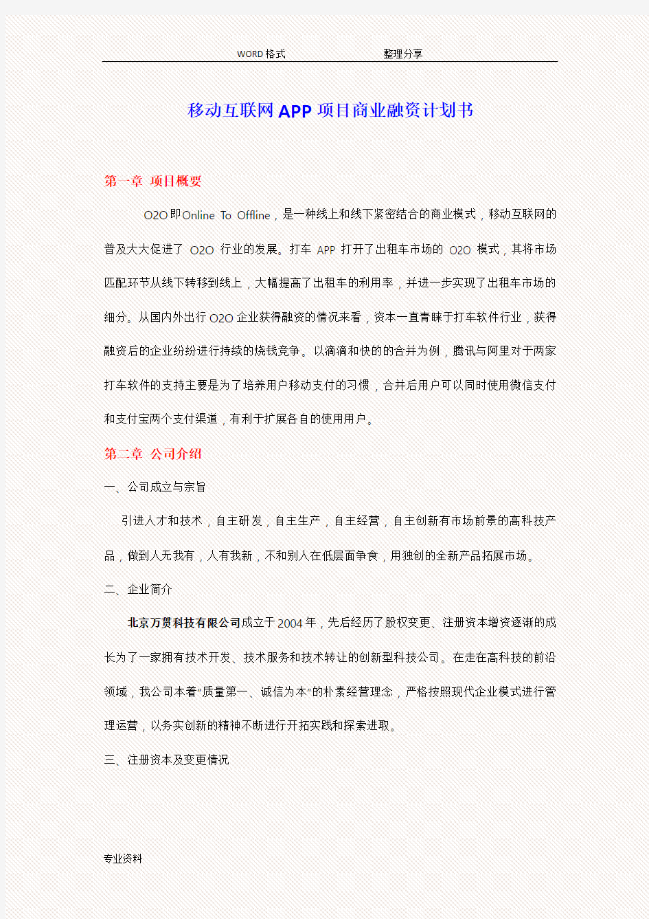 移动互联网APP项目商业计划书模板