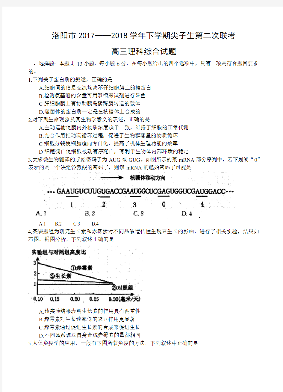 河南省洛阳市2018届高三下学期尖子生第二次联考理综试卷 (含答案)