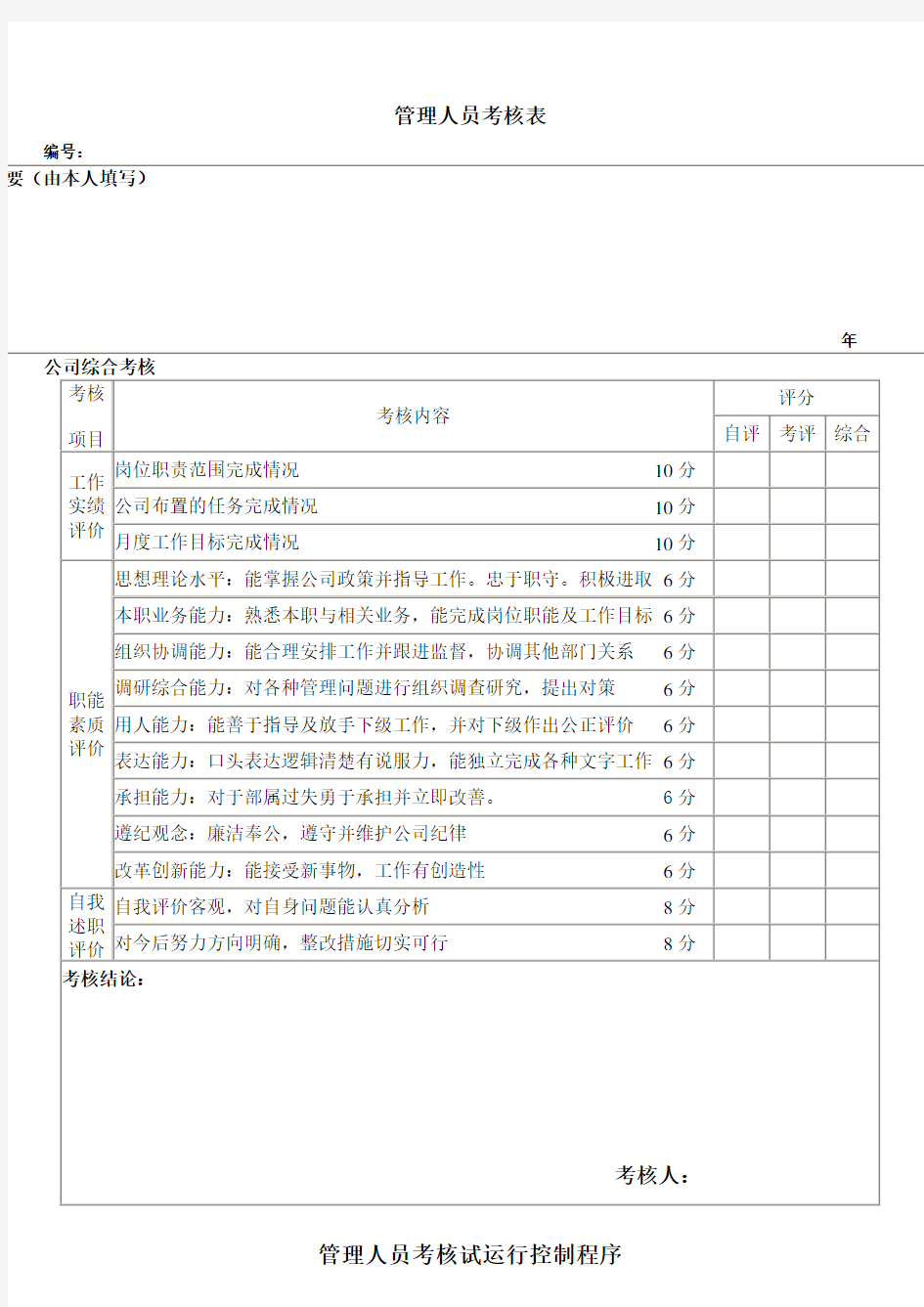 公司管理层考核表