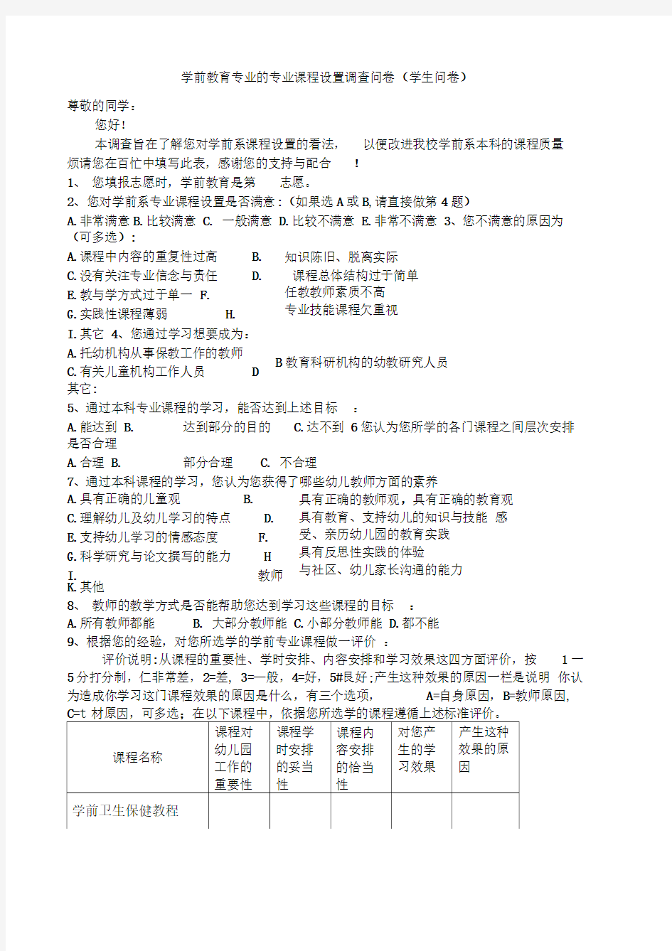 学前教育专业的专业课程设置调查问卷