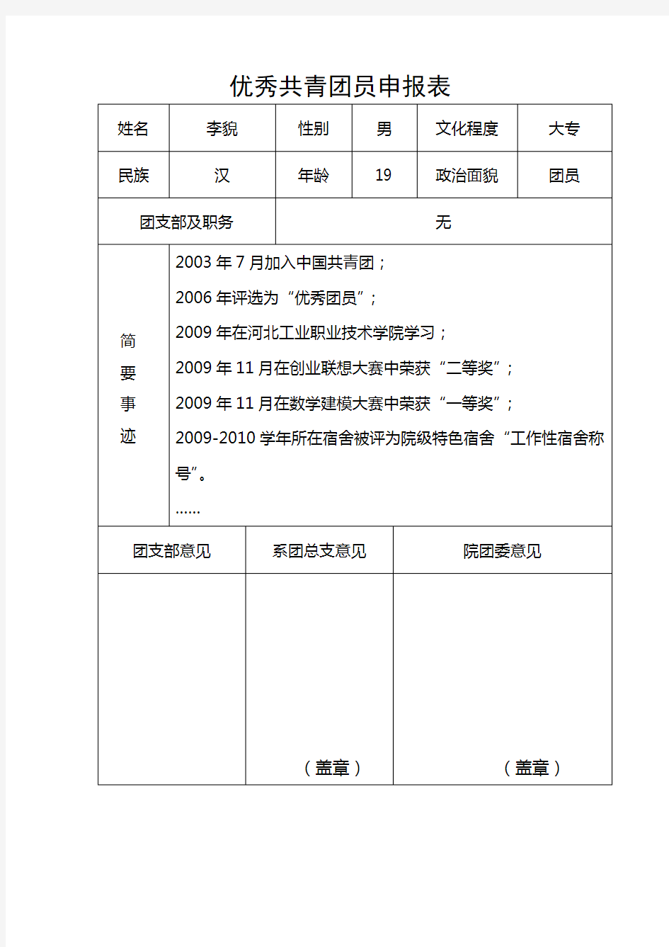 (完整word版)优秀共青团员申报表