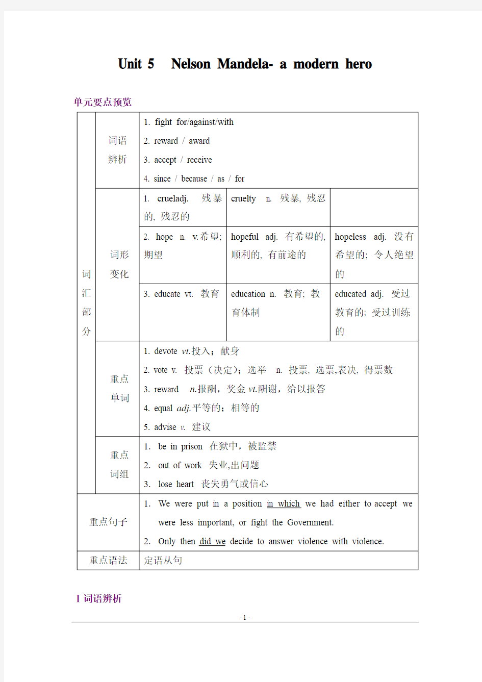 高中英语人教版必修一Unit 5  Nelson Mandela- a modern hero知识点汇总及强化练习