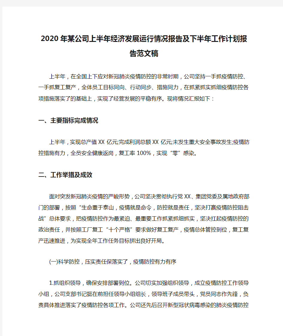 2020年某公司上半年经济发展运行情况报告及下半年工作计划报告范文稿