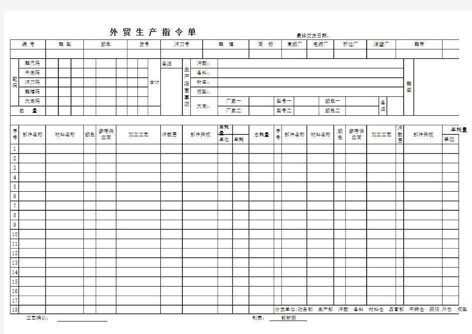 外贸生产指令单excel模版 