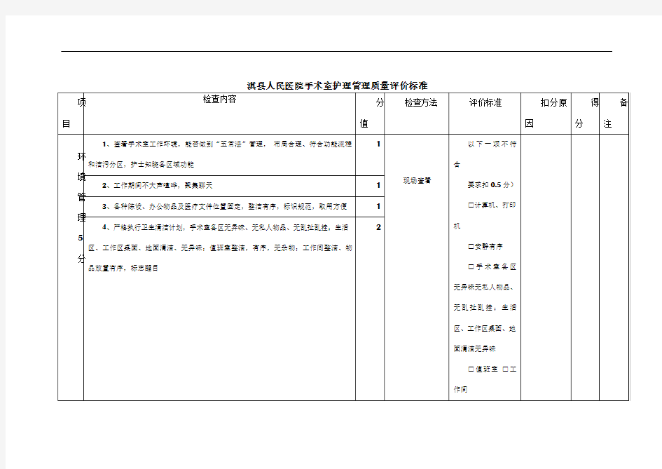 2017年手术室护理管理质量评价标准