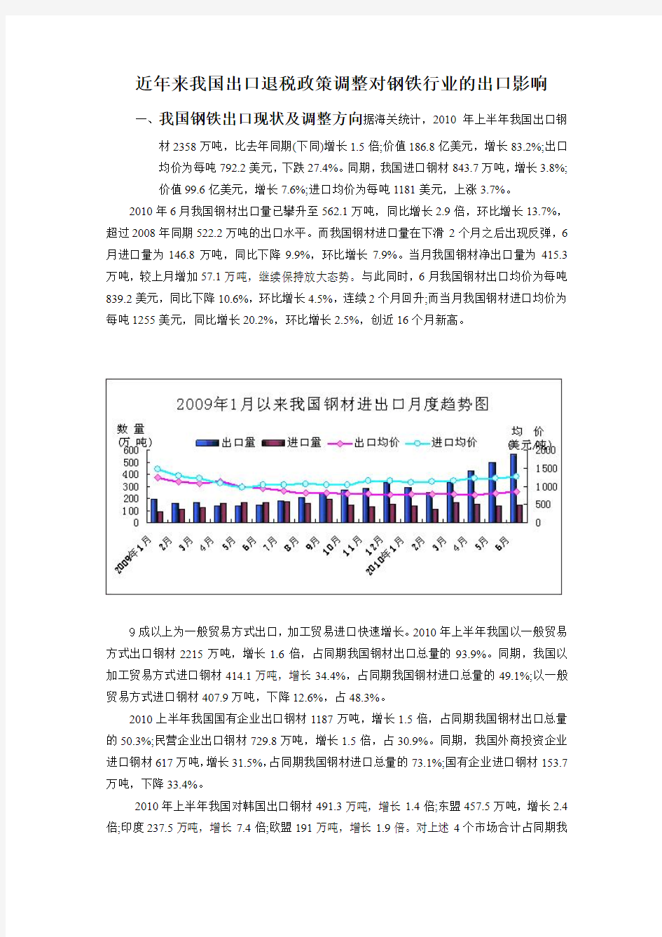 近年来我国出口退税政策调整对钢铁行业的出口影响