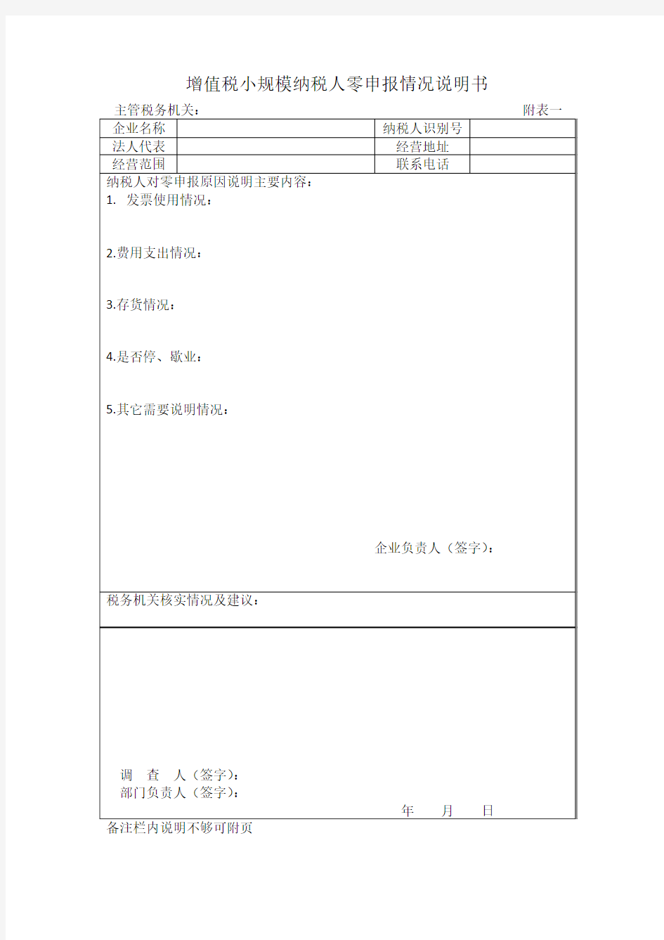 增值税小规模纳税人零申报情况说明书