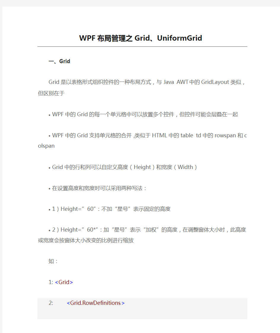 WPF布局管理之Grid、UniformGrid